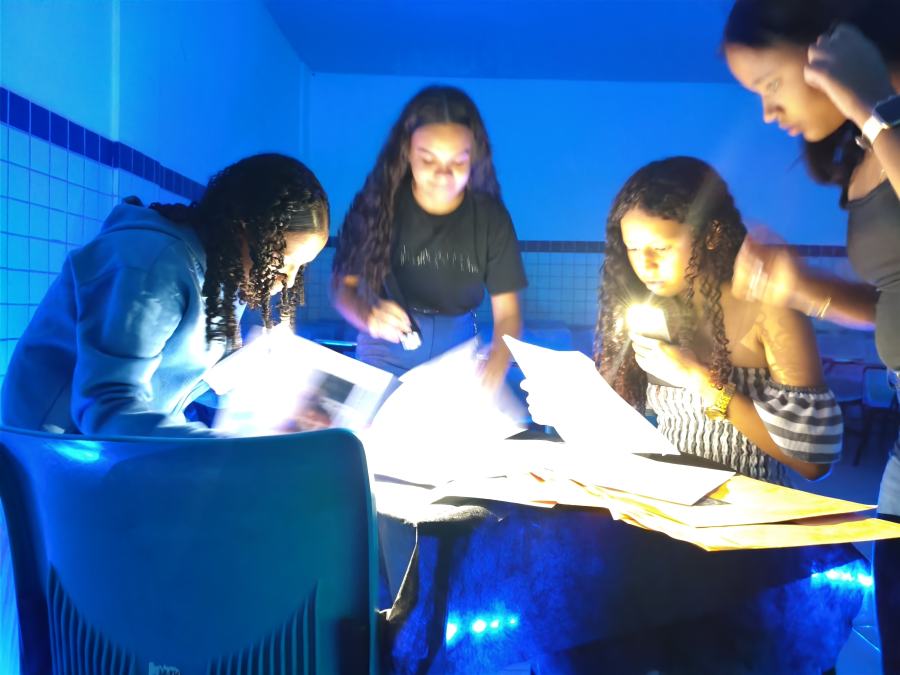 Equipe lendo pistas com lanternas ao redor da mesa